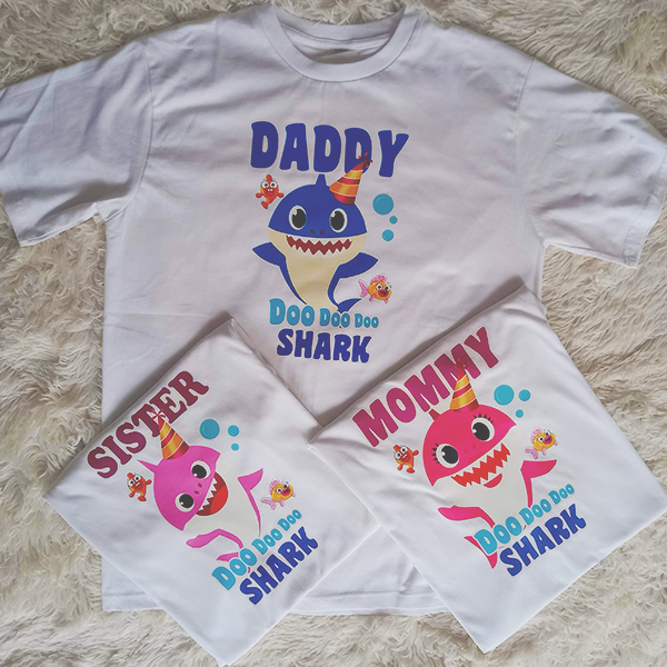 Baby shark Doo Doo personalised family tshirts Kaymos Range