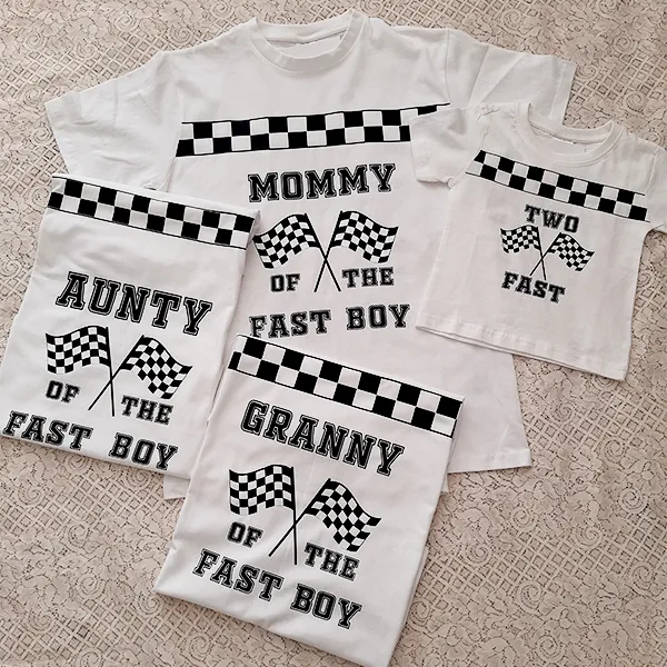 Two fast black and white personalised family t-shirts