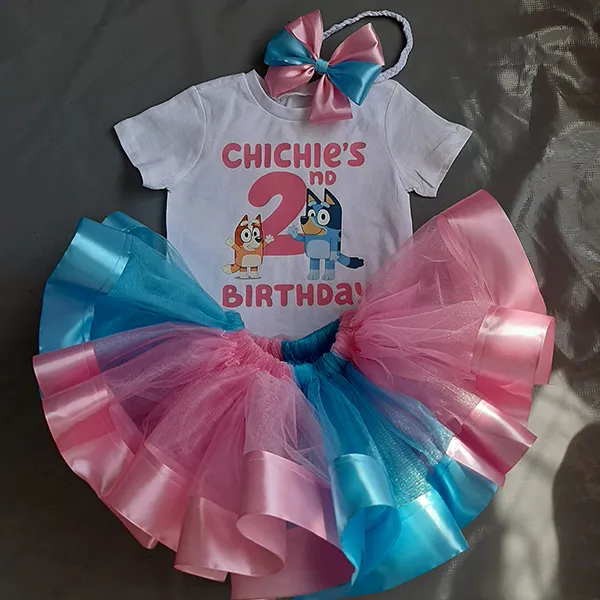 Bluey pink and blue ribbon tutu dress with personalised t-shirt