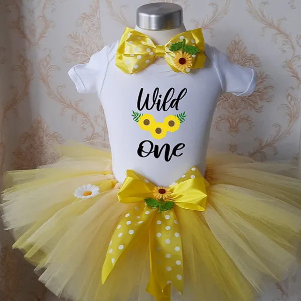 Wild one sunflower tutu and onesie with a matching headband