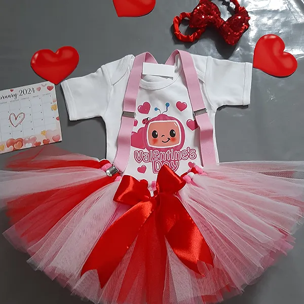 Pink and red cocomelon valentines tutus with pink suspenders