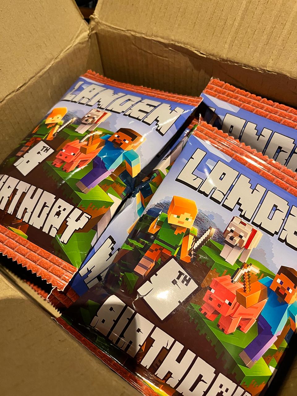 Minecraft birthday personalised chip bag party packs